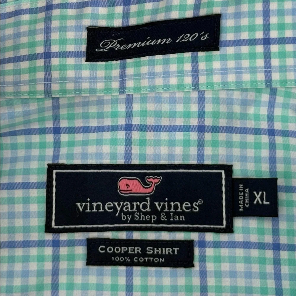 Vineyard Vines Cooper Shirt Aqua Plaid Check Long Sleeve Men’s XL Logo on Sleeve
